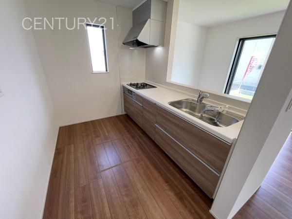 前橋市天川大島町B号棟のキッチン|シンクも大きく洗い物もしやすい浄水器付。シャワーヘッドは引き出し可能、シンクの隅々まで洗い流せます。