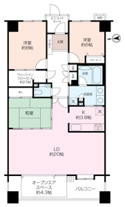●3LDK+WIC（ウォークインクローゼット）+OS（オープンエアスペース）の間取です。
●1住戸に1区画の駐車場（無料）、トランクスペース（無料）が備わっております。