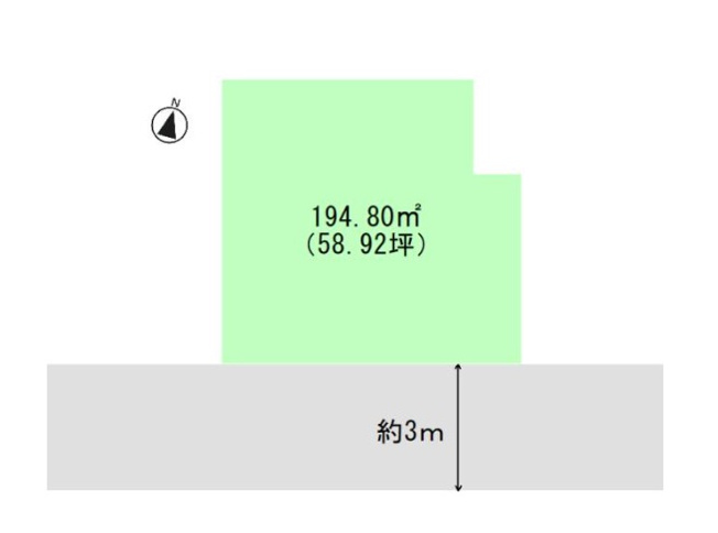 【土地図】 | 土地面積194.80㎡（58.92坪）になります。接道は南側　幅員は3ｍです。