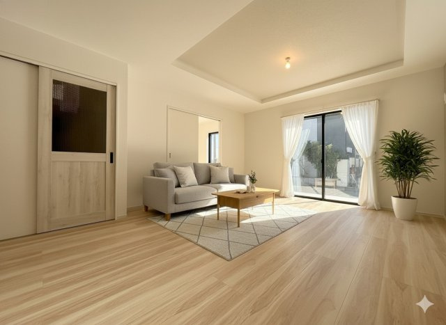 吉川市新栄1丁目　新築戸建　全1棟の居間・リビング|現況の物件写真にCGによる画像処理を行っています。家具、家電、小物、カーテン等はイメージはCGです。