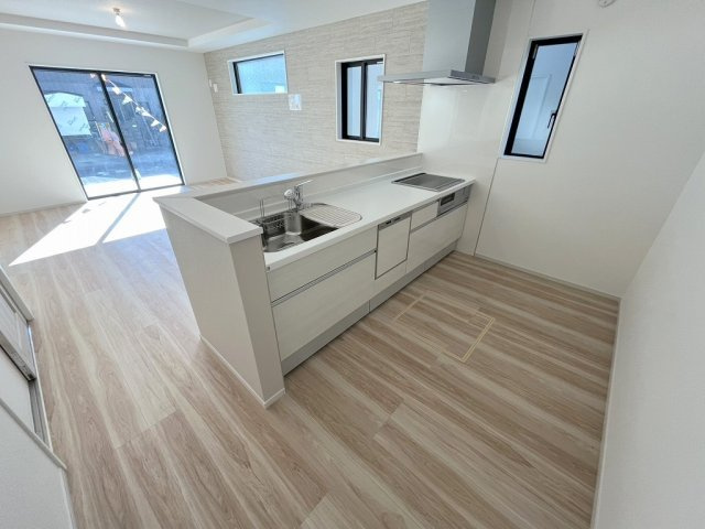 吉川市新栄1丁目　新築戸建　全1棟のキッチン|キッチンからリビング全体が見渡せます