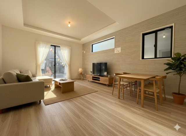 吉川市新栄1丁目　新築戸建　全1棟の居間・リビング|現況の物件写真にCGによる画像処理を行っています。家具、家電、小物、カーテン等はイメージはCGです。