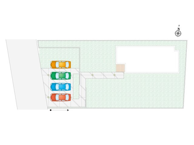 《1号棟　敷地面積388.26㎡（117.45坪）》117坪超の広々とした土地は駐車スペースも並列4台分ございます！お車の通りが少ない前面道路なので、後ろを気にせずゆっくりバック駐車ができます◎