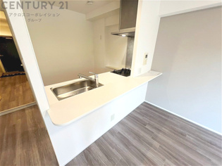 キッチン前のダイニングスペース　カウンターキッチンから料理の受け渡し等に便利です。ダイニングセットを置いても十分な広さを確保。