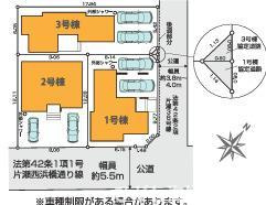 藤沢市片瀬海岸３丁目　新築戸建　全３棟の区画図|対象地は2号棟です