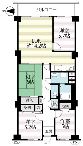 ◆リフォーム済みの美室◆４階東向き４LDK◆JR唐崎駅徒歩１０分◆シャルム大津の間取り