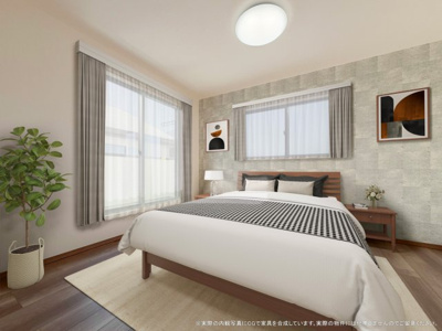 【寝室】 | 【主寝室　CG家具設置イメージ】
※画像内に含まれる家具家電はCGで作成したイメージです。実際の物件には付帯しません。
