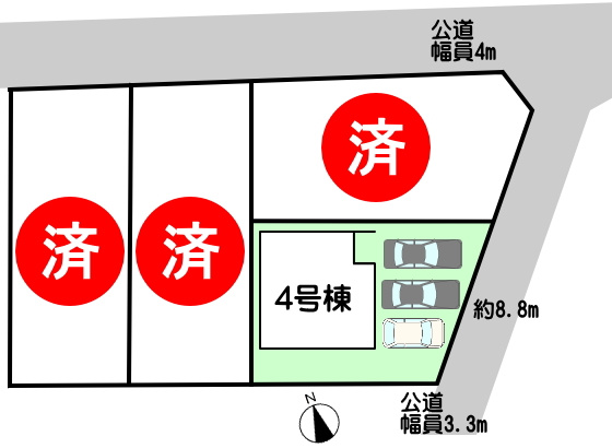 碧南市東浦町の区画図|4号棟　並列駐車4台（車種による）