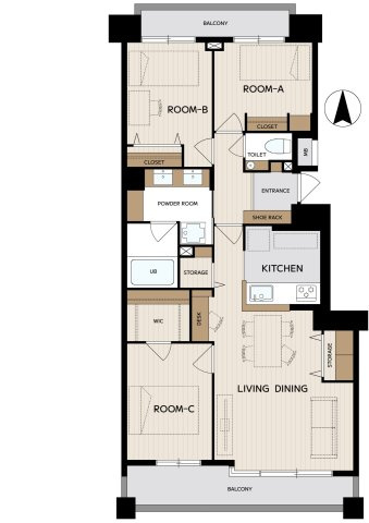 マナーズフォート・スイートテラスの間取り|専有面積80.62㎡の3LDK LDK、バルコニーは南向き ウォークインクローゼットやシューズボックスなど収納も豊富です