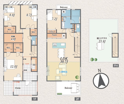 【参考プラン】 | 自由が丘新築戸建 | 建物面積：180.83㎡　２F建　4LDK屋上テラス付
