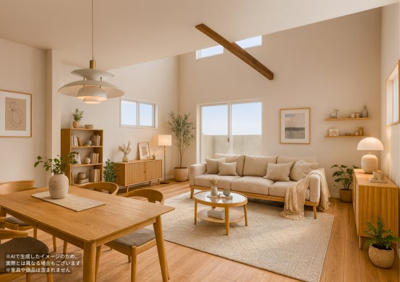 【完成予想図】 | 自由が丘新築戸建 | LDK30.7帖　上部吹き抜けあり　南側に大型バルコニーございます。