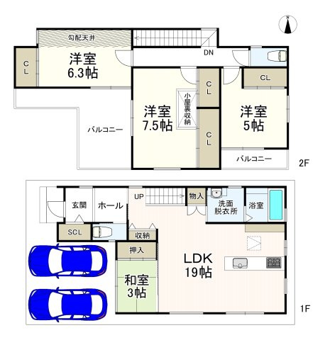 伊丹市山田　中古戸建の間取り|駐車2台可能物件です。