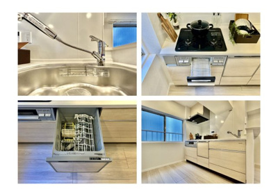 【キッチン】 | 上野永谷タウンプラザ | 【システムキッチン】ワイドで収納豊富な使い勝手の良いシステムキッチンには、食洗器や伸縮タイプのキッチン水栓、三ツ口コンロ・魚焼きグリルなどの便利な設備が標準完備されています。