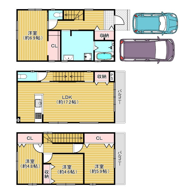 【価格改定】長岡京市一文橋2丁目の間取り|AQURAHOMEの建売住宅！
2階リビングの3階建て新築戸建てです(^^♪