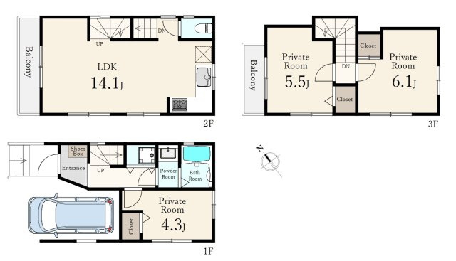 練馬区北町2丁目の間取り|土地面積45.67㎡　建物面積70.99㎡　3階建　3LDK　ビルトインガレージ付