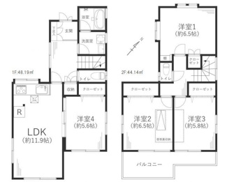 【間取り】 | 南区西大沼5丁目 中古戸建て | 南東向き　2階建て　4LDK　屋根裏収納　全居室２面採光　