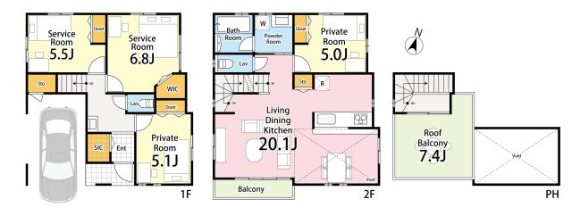 板橋区小茂根3丁目　南西角地含む南道路　新築分譲地全2区画の参考プラン|B区画　2LDK+2S+SIC+パントリー+屋上ルーフバルコニー+ビルトイン車庫　敷地面積 80.50ｍ2　建物面積 115.98ｍ2　建物価格 2,690万円
