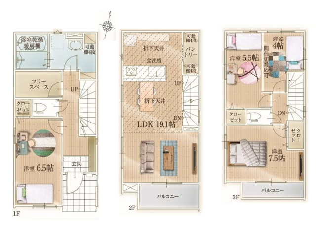 【間取り】 | 福岡市西区小戸3丁目6期　1号棟（全3棟）【仲介手数料無料・0円】 | 平日、土日祝日もお好きな日時にご見学可能です。お気軽にお問合せ下さい。