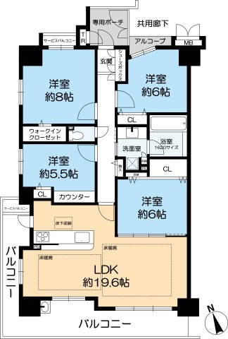 アルス西宮ルシーディアの間取り|1階部分、専有面積96㎡超の4LDK、三方角住戸の独立性が高く、開放感のあるお部屋です。