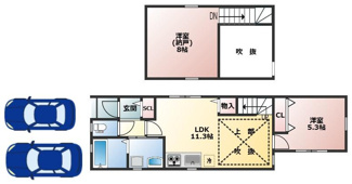 【間取り】 | 明石市二見町西二見　新築戸建 | 2580万円、2LDK、土地面積92.58平米、建物面積57.23平米 リビングには吹き抜けがあり開放感があります♪
並列2台駐車可能♪※車種による