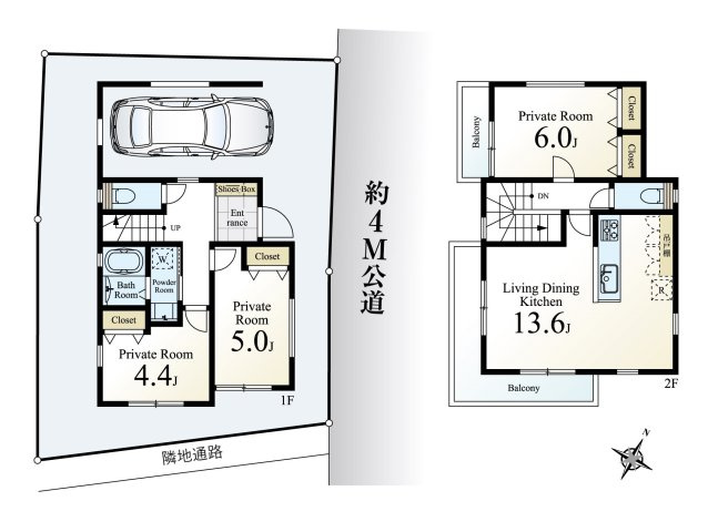 板橋区西台3丁目 限定1棟の間取り|南東角地風の陽当たり通風良好な立地
2階建て3LDK+カースぺス
南側隣通路に面した明るく快適な家です
建物面積に車庫部分12.42㎡含む