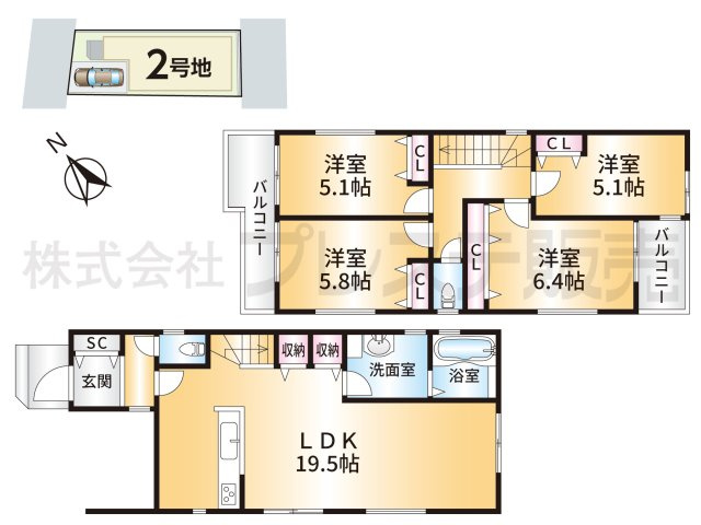 奈良市学園朝日町の新築一戸建 全３区画の間取り|２号地間取図