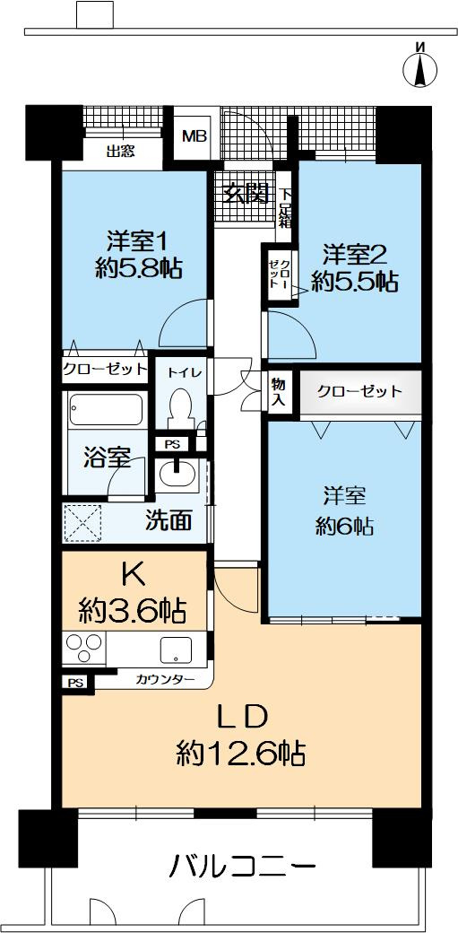 芦屋ハイタウンの間取り|前居室フローリング貼りです