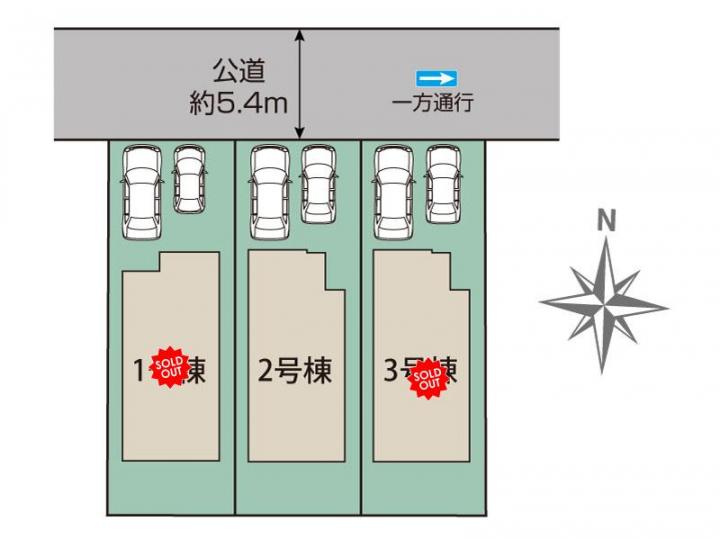 【Blooming Garden】小平市一橋学園新小平の区画図|カースペースは車種により並列２台分駐車可能！前面道路は道幅にゆとりがあるので、お車の出し入れもラクラクです♪