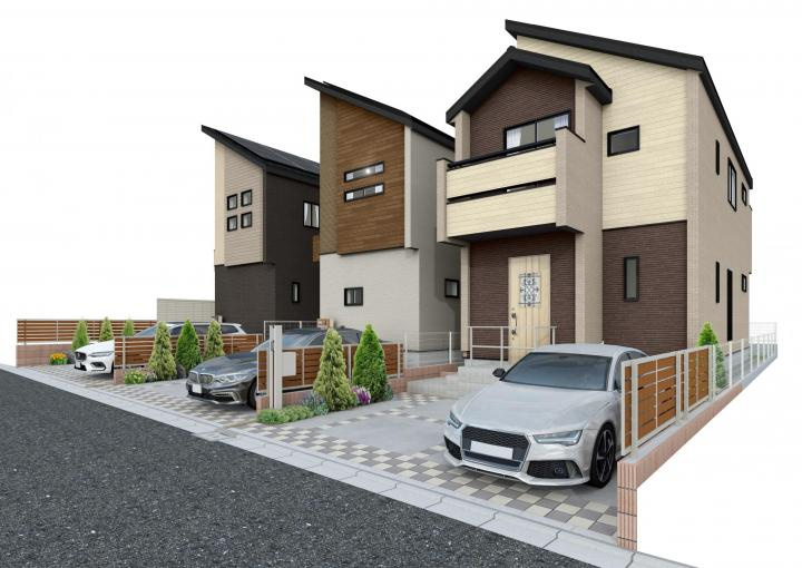 【Blooming Garden】小平市一橋学園新小平の完成予想図|土地面積33坪超◎敷地全体を有効活用できる整形の区画形状で、ゆとりある住まいを実現。並列駐車可能な2台分のカースペースを確保しました(車種による)。