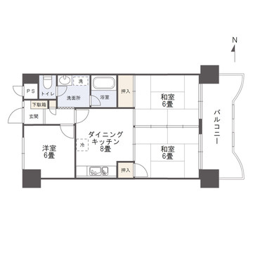 第六鶴丸ハイツの間取り|8畳のダイニングキッチン、6畳の和室2室・洋室1室の間取りです。