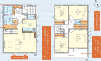 【間取り】 | 秦野市鶴巻南4丁目  1号棟 3期 | 網戸標準仕様　シャッター2箇所付　二部屋から行き来できるバルコニー　食洗機・浄水器　浴室乾燥機+窓　各居室収納　リネンスペース