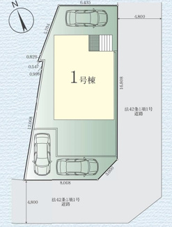 【区画図】 | 秦野市鶴巻南4丁目  1号棟 3期 | 南東角地　南東側・南西側約4.8ｍ各公道　駐車3台（車種によります）　※敷地面積49坪の庭付き