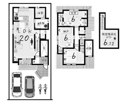 【土地図＋建物プラン例】 | 大枝西新林町一丁目 建築条件付 売土地 | 1号地　建延91.06㎡　建物価格1799万円　土地価格　2100万円　セット価格3899万円