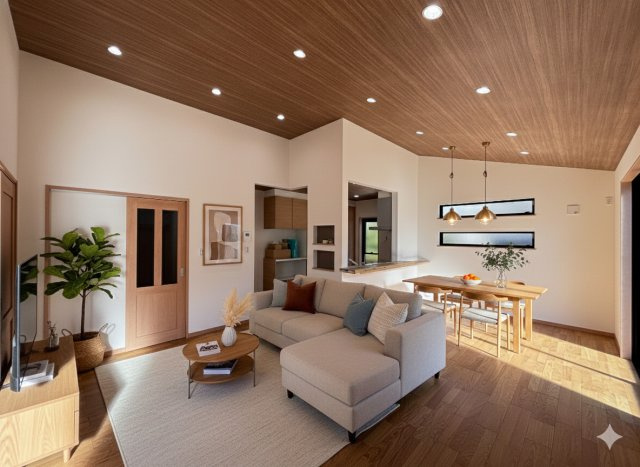 新築戸建　相田6丁目の居間・リビング|AIによるイメージ画像です。大空間のLDK。高窓と木目調が心地よく、日々の暮らしに安らぎを。