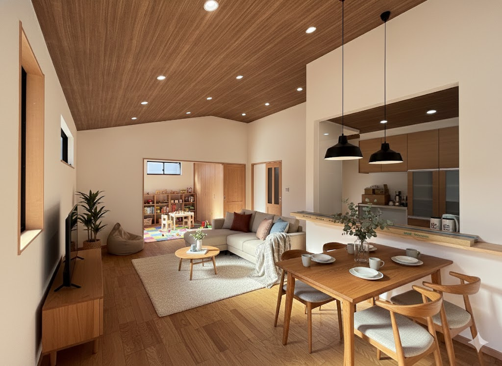 新築戸建　相田6丁目のその他|AIによるイメージ画像です。上質な木目調天井と間接照明が、家族団らんを演出するLDK。