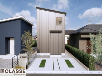 【外観パース】 | 宇治市木幡御蔵山　2区画　I号地　建築条件付き | お客様のお好みに合わせて、外観デザインも一緒に作り上げていきます。「ひと目で分かるアトリエの家」をコンセプトに、木・金属・吹抜けを組み合わせ”あなたらしさ”を表現できる外観づくりが可能です。