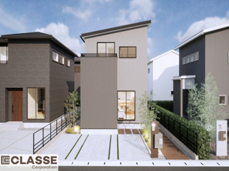 【外観パース】 | 宇治市木幡御蔵山　2区画　J号地　建築条件付き | お客様のお好みに合わせて、外観デザインも一緒に作り上げていきます。「ひと目で分かるアトリエの家」をコンセプトに、木・金属・吹抜けを組み合わせ”あなたらしさ”を表現できる外観づくりが可能です。