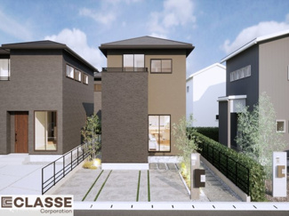 【外観パース】 | 宇治市木幡御蔵山　2区画　J号地　建築条件付き | アトリエ仕様では、長期優良住宅に対応した構造・耐震材を採用しており、各種補助金にも対応できます。間取りによりますので、設計士と相談しながら、ご希望プランに合わせて最適な形をご提案いたします。