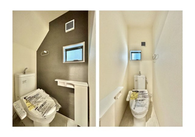 【トイレ】 | 江戸川区江戸川1丁目新築分譲住宅 | 【トイレ×2】 収納スペースをしっかりと確保した温水洗浄便座機能付きトイレ。温水洗浄便座は清潔にお使いいただくための大切なアイテムです。