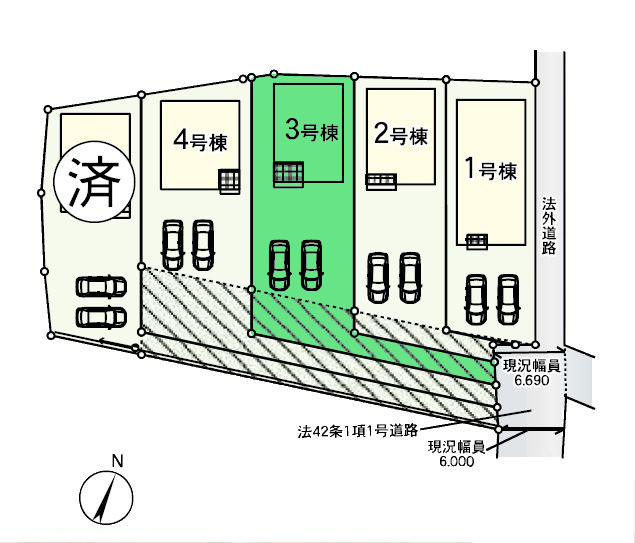 【区画図】 | クレイドルガーデン前橋市下細井町第10-1期ー③ | 鎌倉中学校まで徒歩8分！
前面通路は居住者のみが使う道なので安心♪