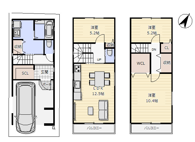 港区弁天４丁目売土地の参考プラン|参考プラン間取り図　3LDK+SCL+WIC　建物面積91.13平米