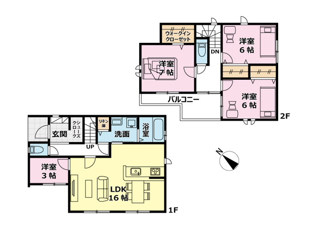 【間取り】 | 朝霞市宮戸3丁目　新築一戸建住宅　全2棟　(丸井志木店) | 南西・北西の角地に建つ開放感あふれる4LDK。
ウォークインクローゼットやシューズクローク、リネン庫など収納充実。家族みんなが快適に過ごせる、機能的な住まいです。