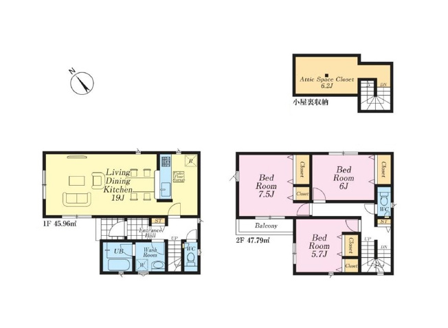 【間取り】 | 志木市中宗岡5丁目　新築一戸建住宅　全4棟　(志木本店) | 来客時でも家族のプライバシーが保ちやすい独立したLDKは19帖の広々空間。
主寝室は7.5帖のゆとりある3LDK。グルニエは季節家電など大きめの荷物の出し入れにも安心安全な固定階段を採用。