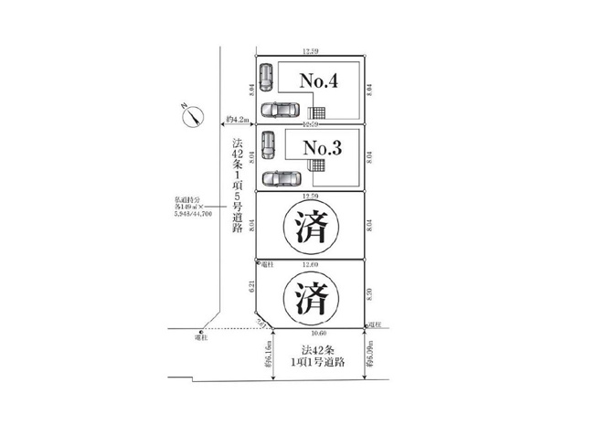 【区画図】 | 志木市中宗岡5丁目　新築一戸建住宅　全4棟　(志木本店) | カースペース2台のゆとりある整形地なので、ご夫婦それぞれの車を停められます。