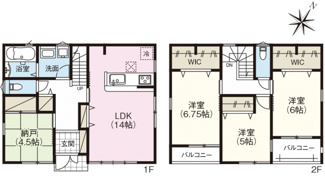 【間取り】 | 廿日市市大東（廿日市駅徒歩９分！）全2区画　NO2【外構工事費込】 | 【NO2】14帖リビング☆２階３室☆ファミリータイプ3LDK＋S☆クローゼット☆ウォークインクローゼット
