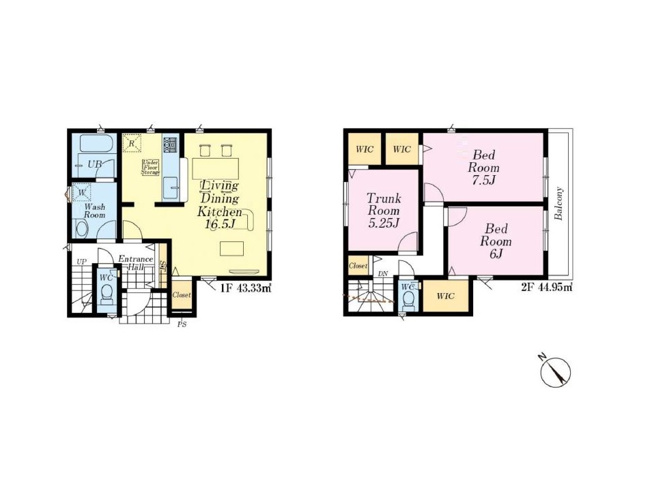 【間取り】 | 志木市本町2丁目　新築一戸建住宅　全2棟　(志木本店) | 全居室にWICが設けられた2LDK+S。
リビングを介さずに洗面・バスルームに出入りできるので来客時の家事育児動線も良好です。
