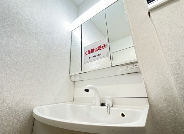 【独立洗面台】 | 志木市本町2丁目　新築一戸建住宅　全2棟　(志木本店) | 多角的にチェックできるのでヘアアレンジやメイクもスムーズに行える三面鏡洗面化粧台。鏡裏の収納にはスキンケア用品やメイクグッズもまとめて保管できます。