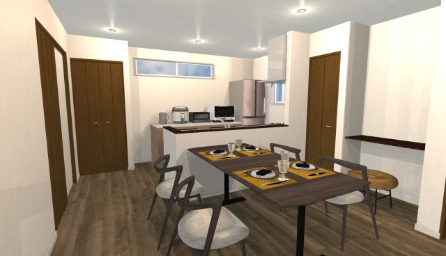 淀の原町　建築条件付き土地の完成予想図|【イメージパース】
リビングは２０帖を確保し、ご家族が自然と集まる居心地の良い空間に♪