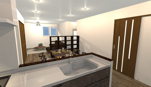 淀の原町　建築条件付き土地の完成予想図|【イメージパース】
キッチンからリビングを見渡せるため、お料理中でもお子様の様子を見守ることができますね！目を離さずに家事ができるので安心ですね！