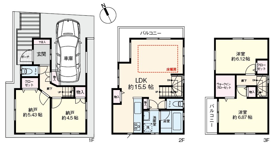 4LDKと同等の使用感。全居室2面以上の採光部分を設けてあり明るい印象の物件。リビング面には床暖房も採用。